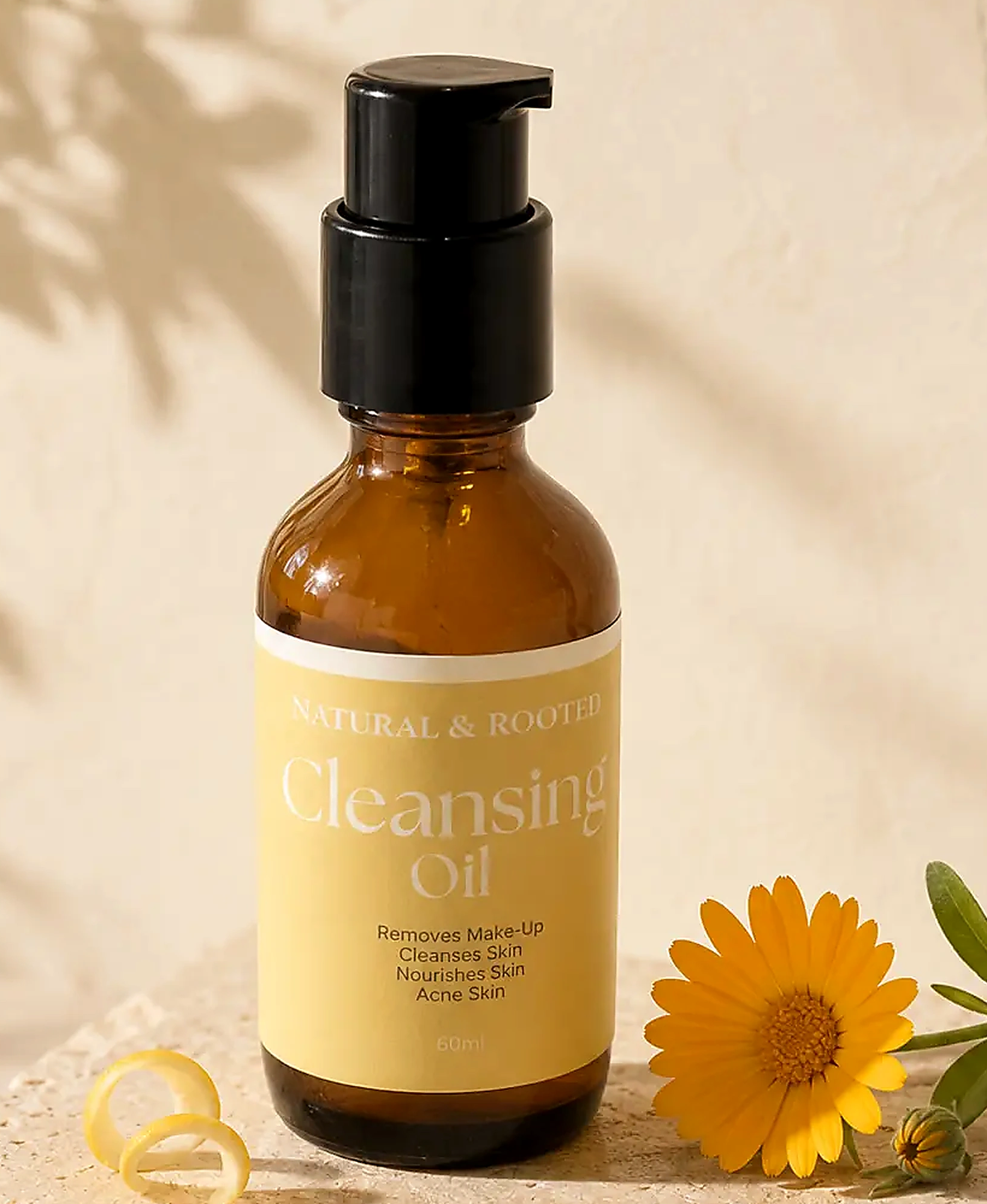 Natural and Rooted Cleansing Oil photographed with calendula and lemon peel