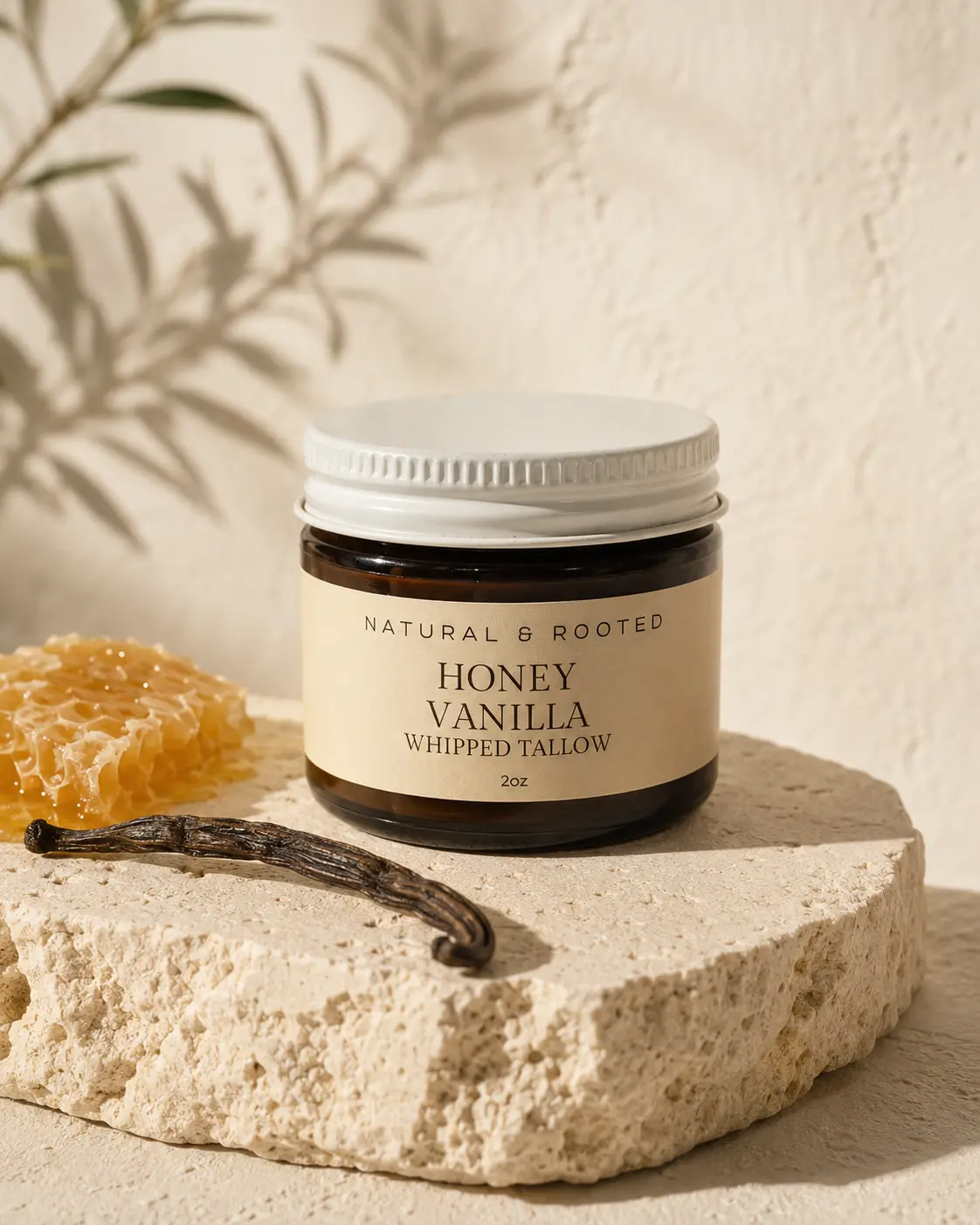 Honey Vanilla Whipped Tallow photographed on limestone with honeycomb and vanilla