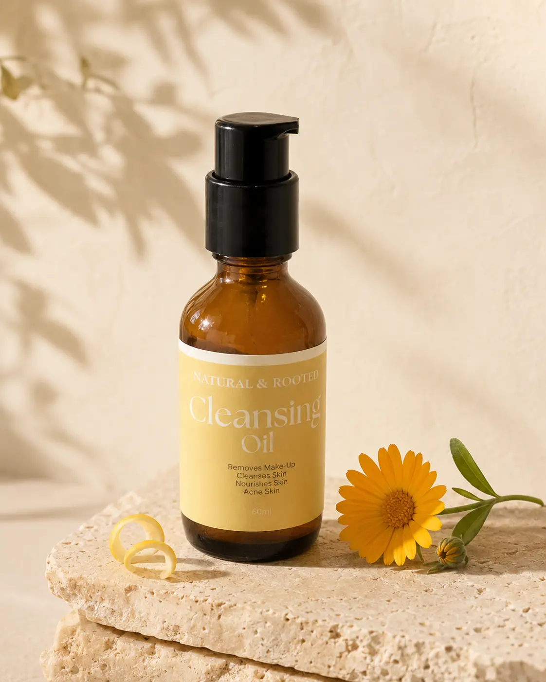 Natural and Rooted Cleansing Oil photographed with calendula and lemon peel