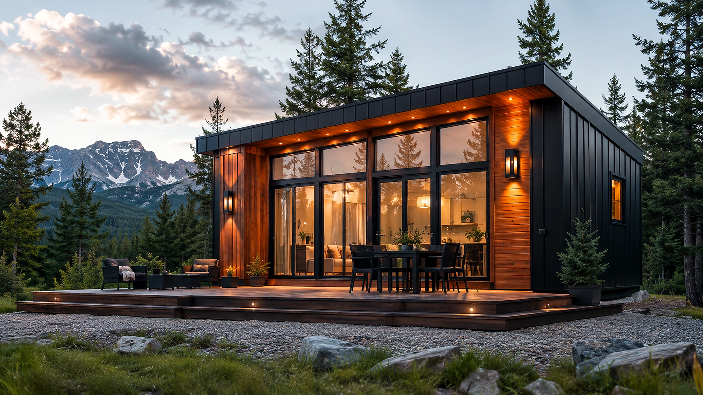 High-definition modern tiny home beside a lake