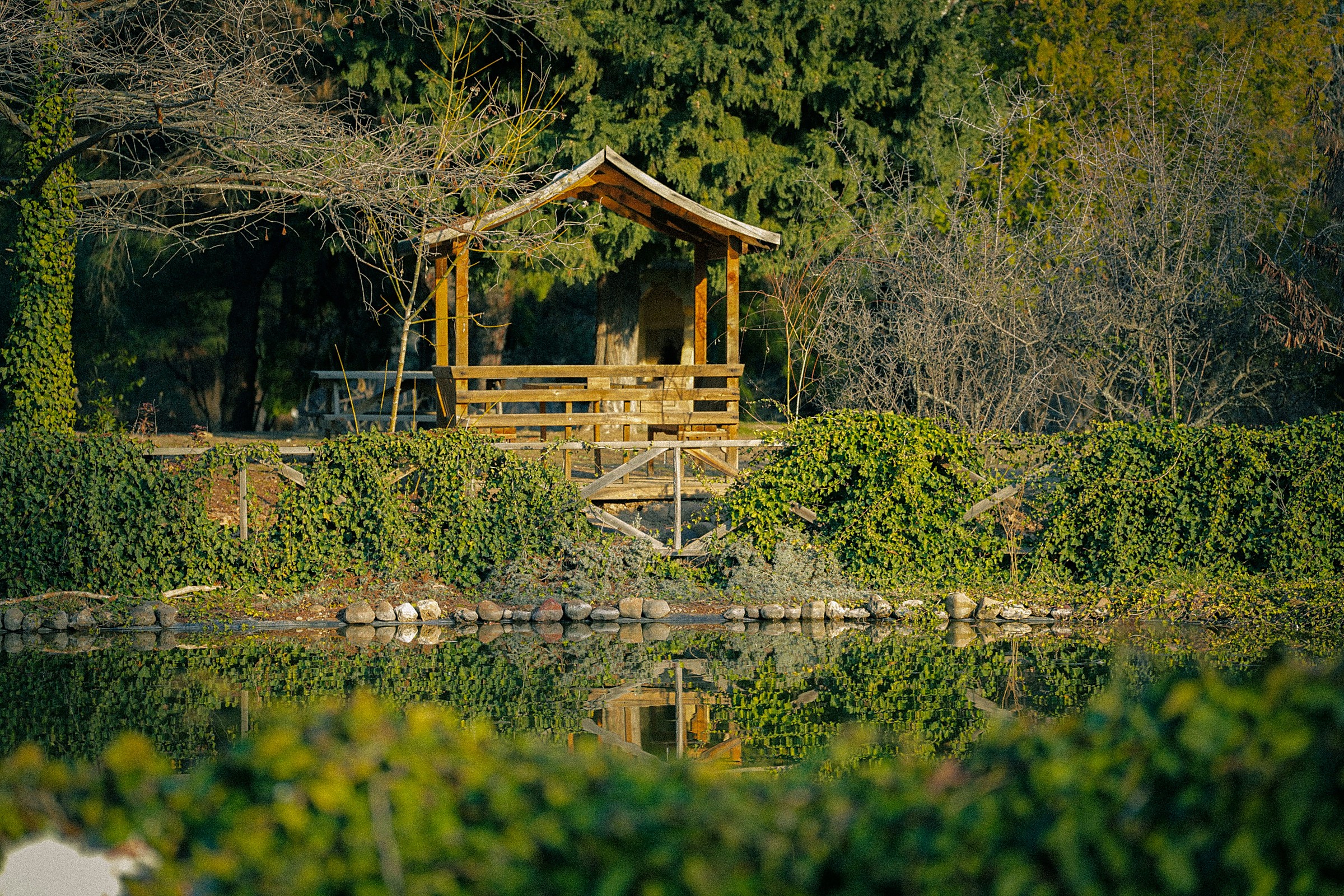 Wooden gazebo beside a reflective pond