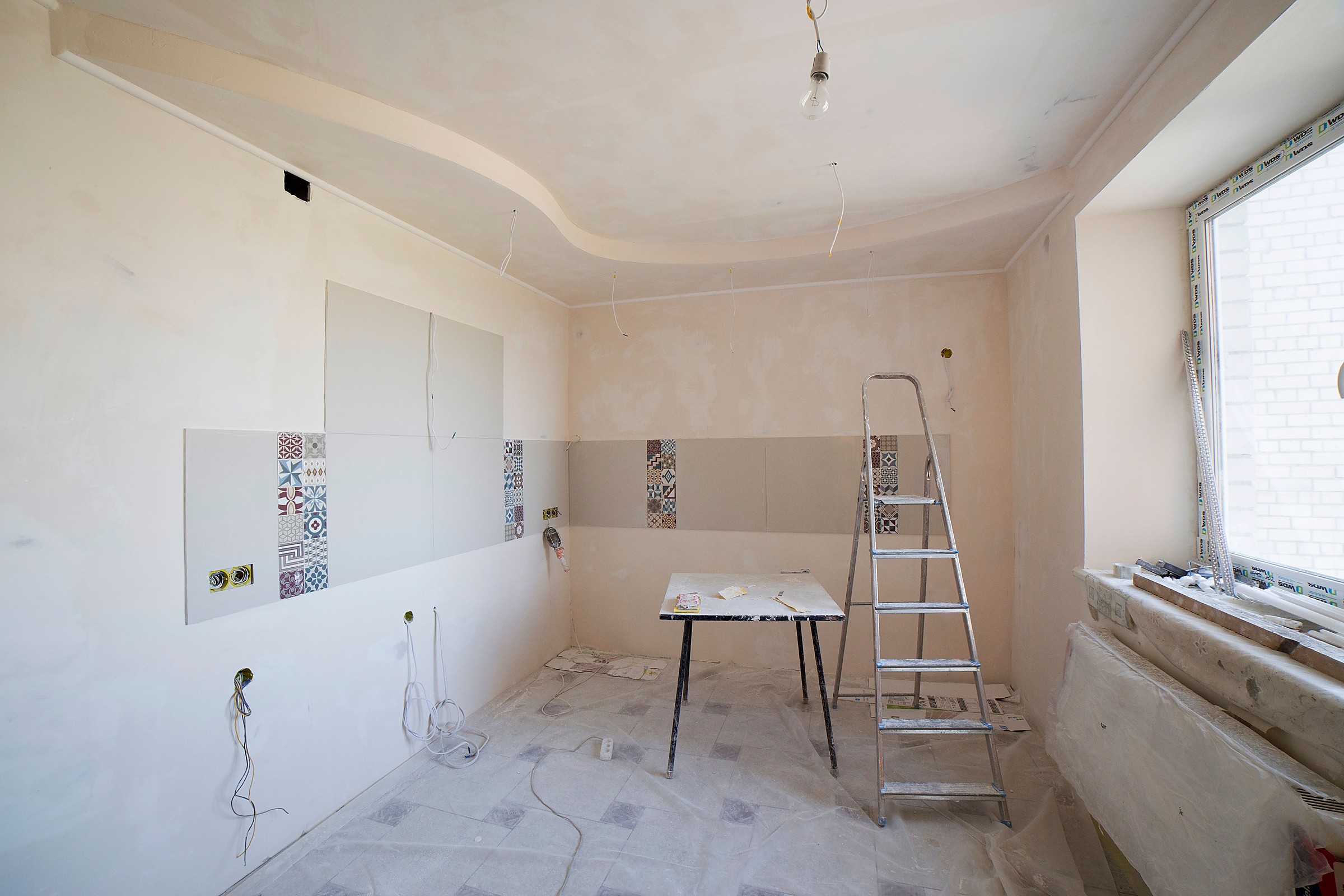 Residential room with active finish work underway