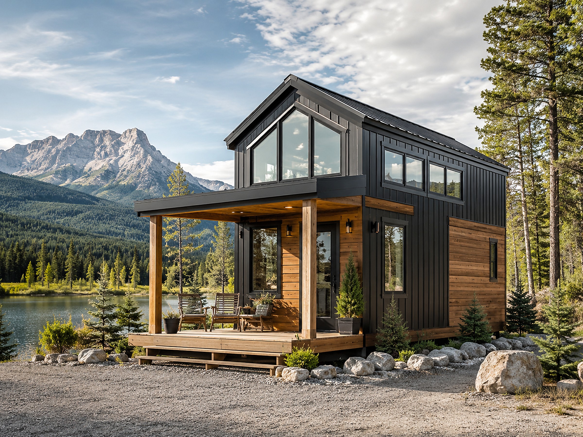 Modern tiny home beside a lake